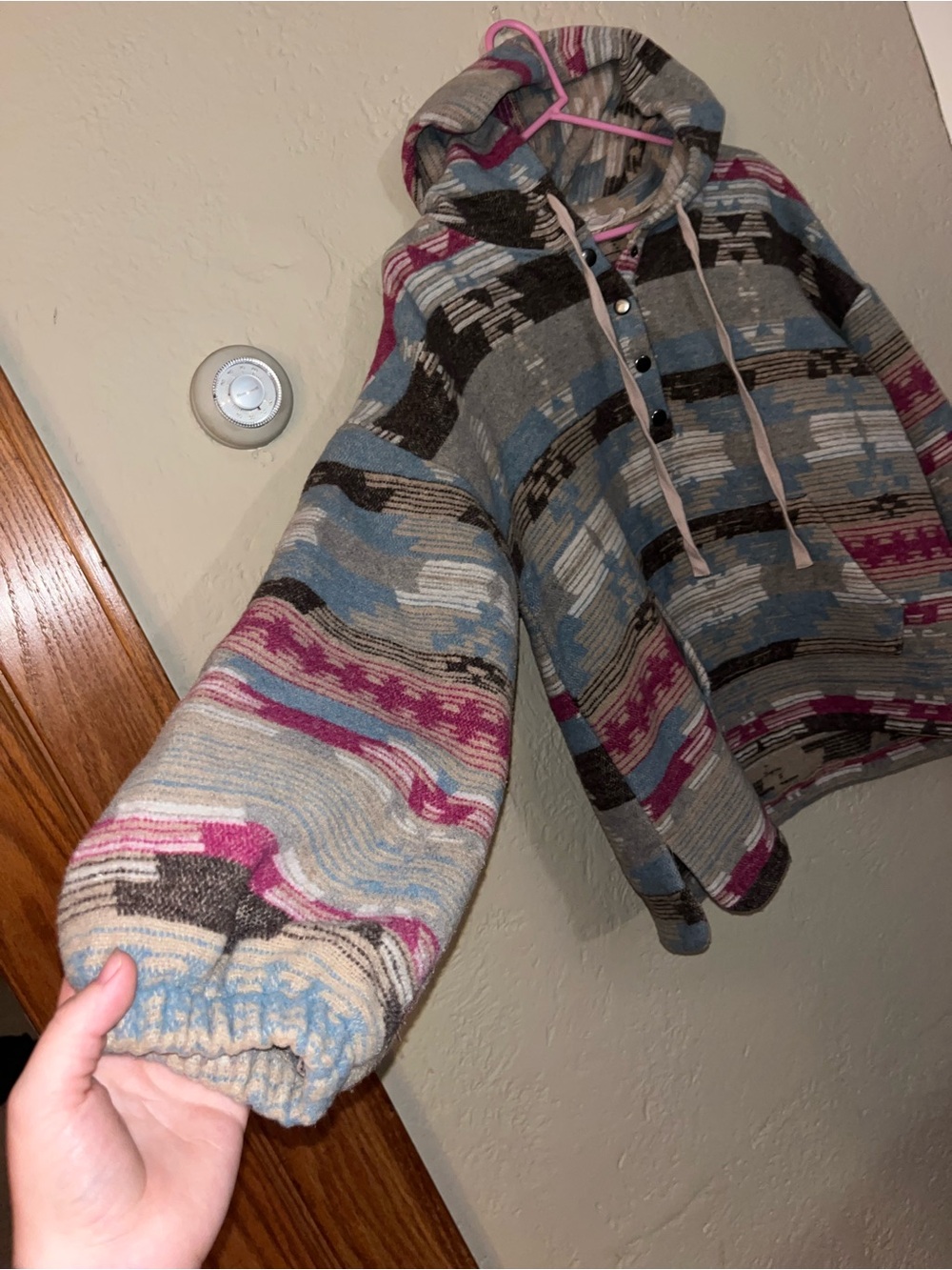 Aztec-Pattern Hooded Pullover Sweater in Gray, Blue & Pink - Picture 5 of 6